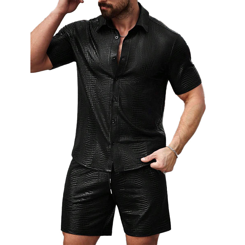 Men's Textured Leather Short-sleeved Shorts Two-piece Set 99132430X