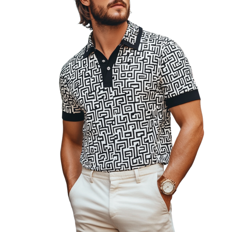 Men's Casual Geometric Print Lapel Slim Fit Short Sleeve Polo Shirt 75505777M