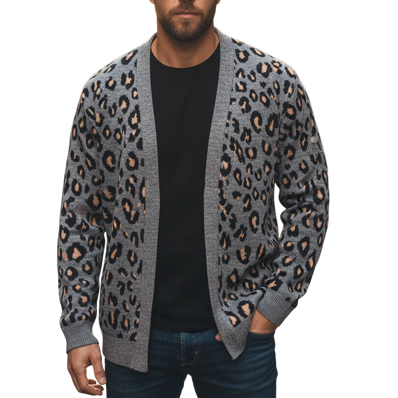 Men's Leopard Jacquard Knit V-Neck Cardigan MTA2686I0X