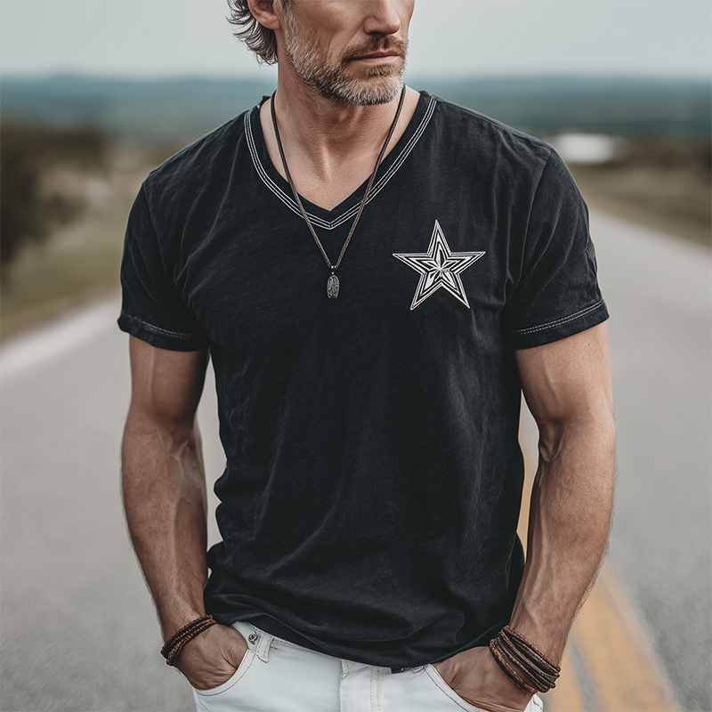 Men's Spring And Summer Casual Cotton Blended Print Slim Fit V-Neck Short Sleeve T-Shirt MTA0517G4K