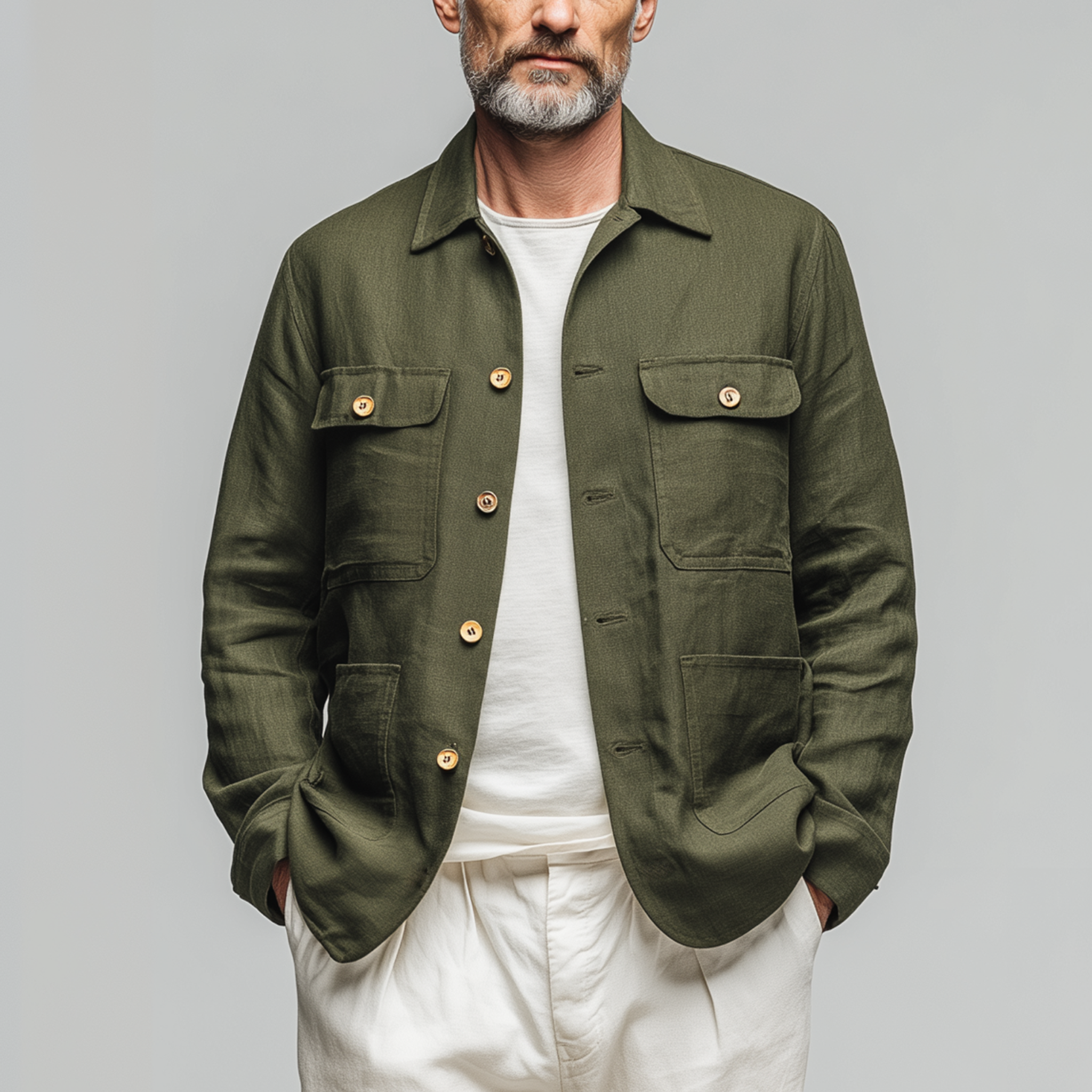 Men's Classic Casual Lapel Collar Cotton And Linen Blend Multi-pocket Long-sleeved Shirt MTA2501G9K