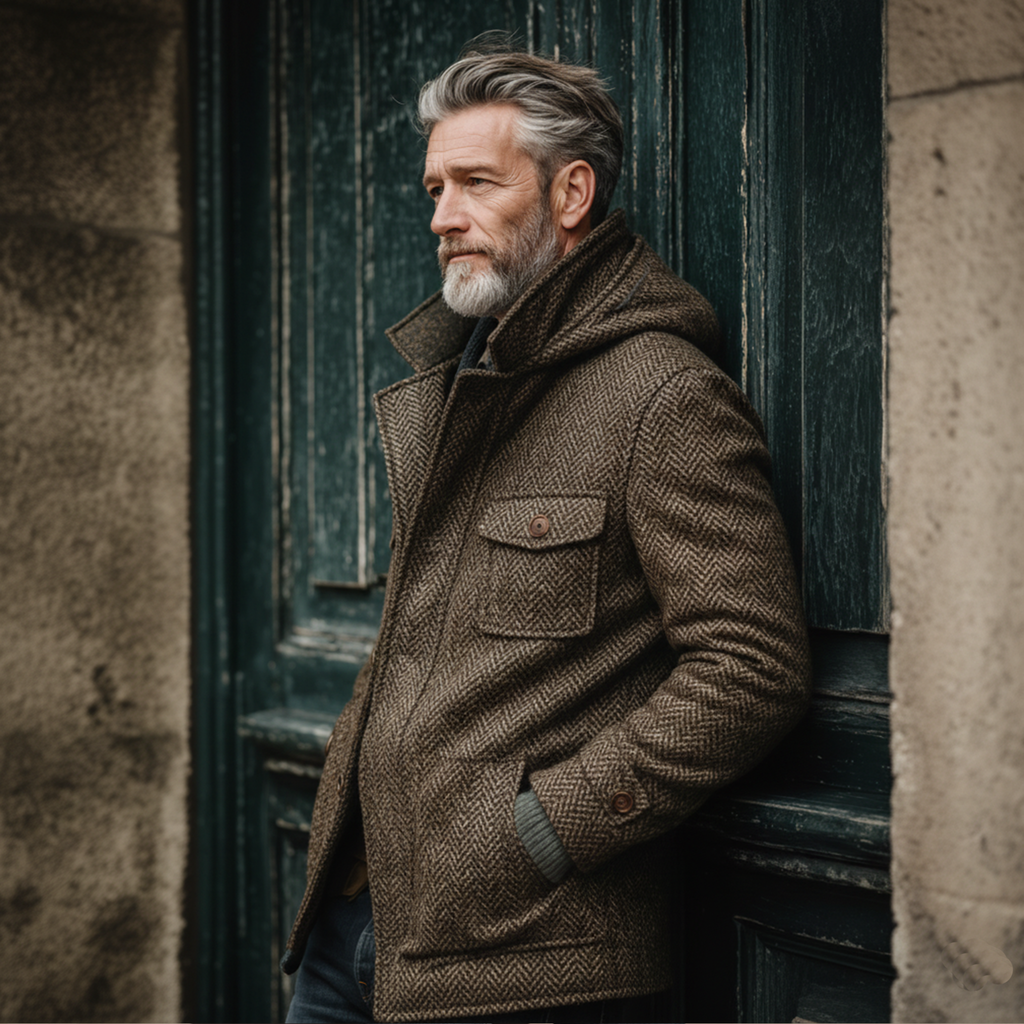 Men's Classic Retro Stand Collar Hooded Multi-pocket Faux Herringbone Wool Jacket MTA2914I3K