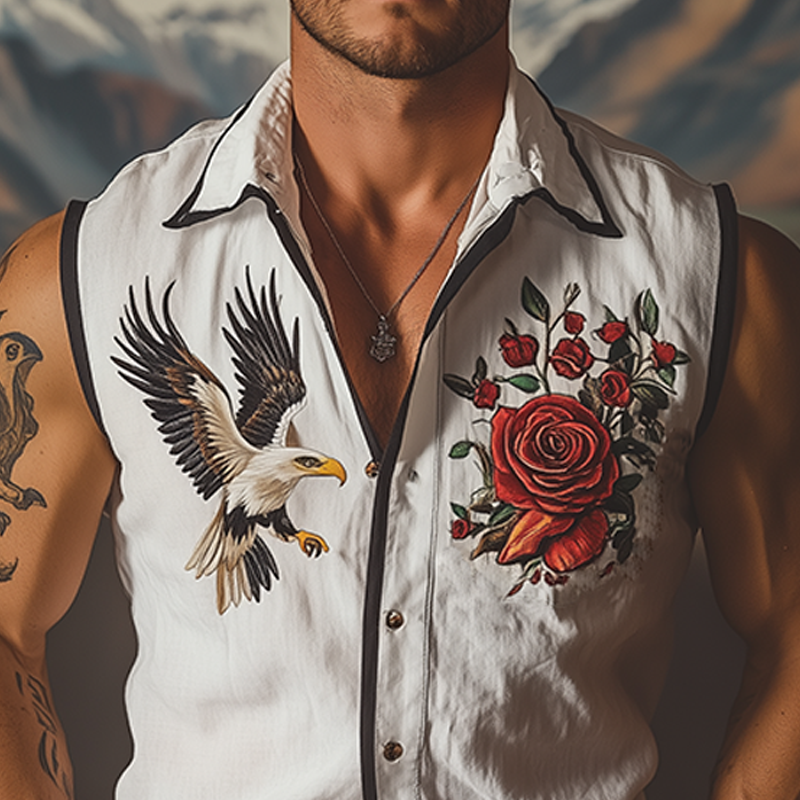 Men's Summer Fashion Retro Western Style Rose and Eagle Embroidery Cotton Linen Sleeveless Shirt MTA2980D5K
