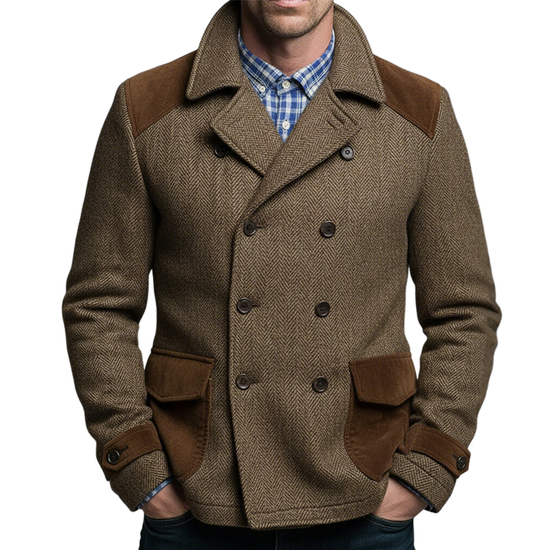 Men's Retro Casual Herringbone Pattern Double Breasted Lapel Jacket MTA2508I5TO