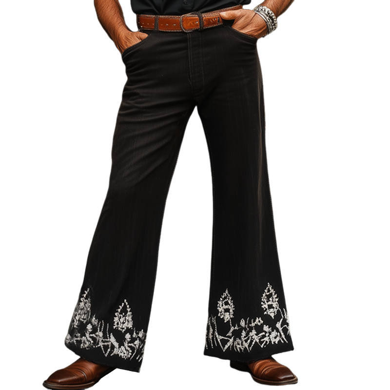 Men's Western Cowboy Style Vintage Silver Embroidered Flared Pants MTA1324F7U