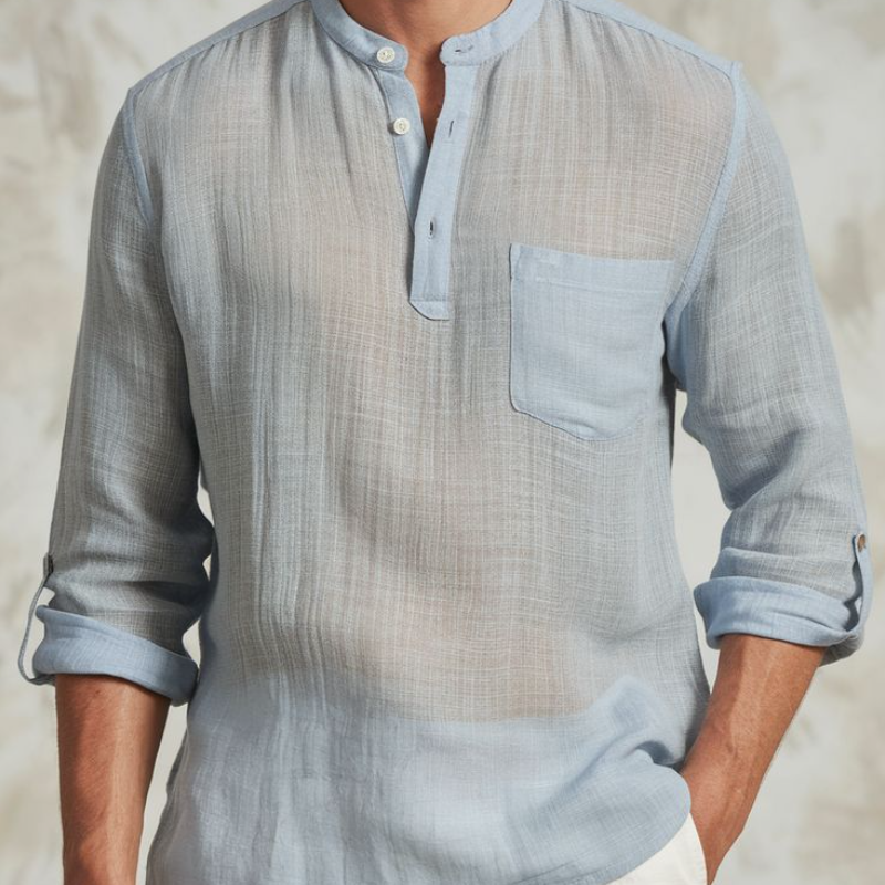 Men's Casual Breathable Lightweight Linen Button-up Stand Collar Patch Pocket Long Sleeve Shirt MTA1520E9M