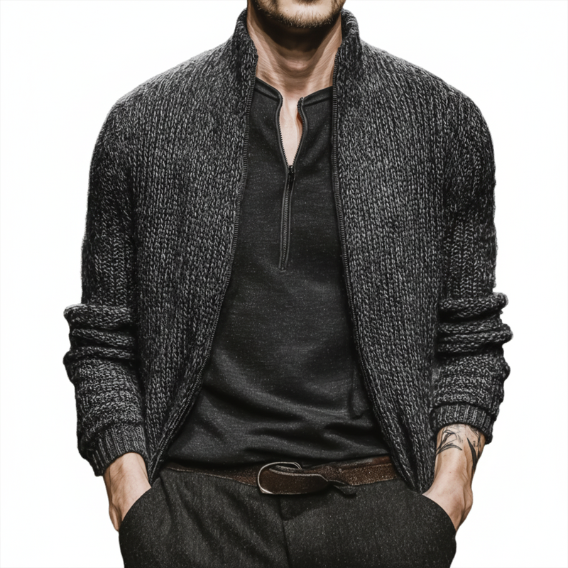 Men's Vintage Dark Grey Stand Collar Zipper Knit Cardigan MTA2491J5U