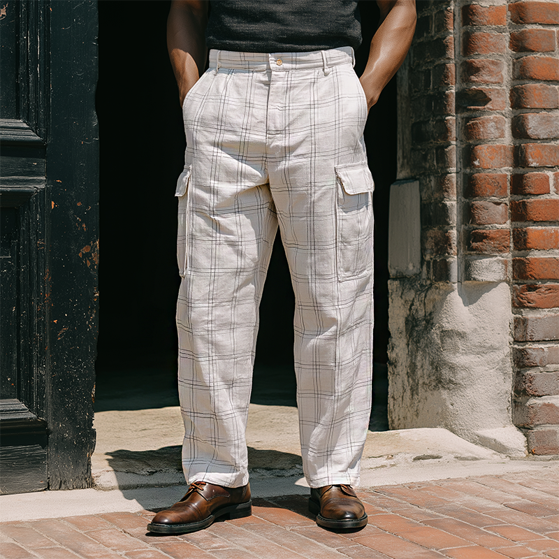 Men's Retro Casual Plaid Print Pocket Pants MTA3150G7TO