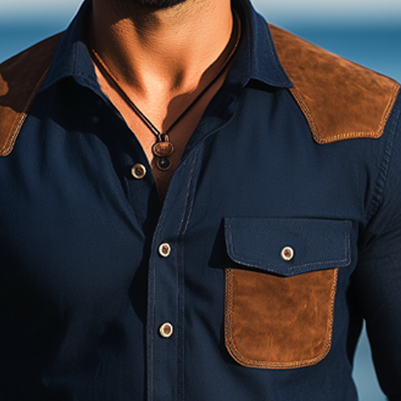 Men's Business Cotton Suede Stitching Long Sleeve Shirt MTA2862G5U