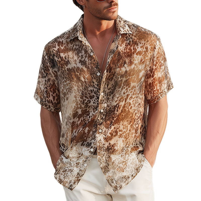 Men's Summer Fashion Casual Chiffon Slightly Transparent Sexy Leopard Print Short-sleeved Shirt MTA0595G1K