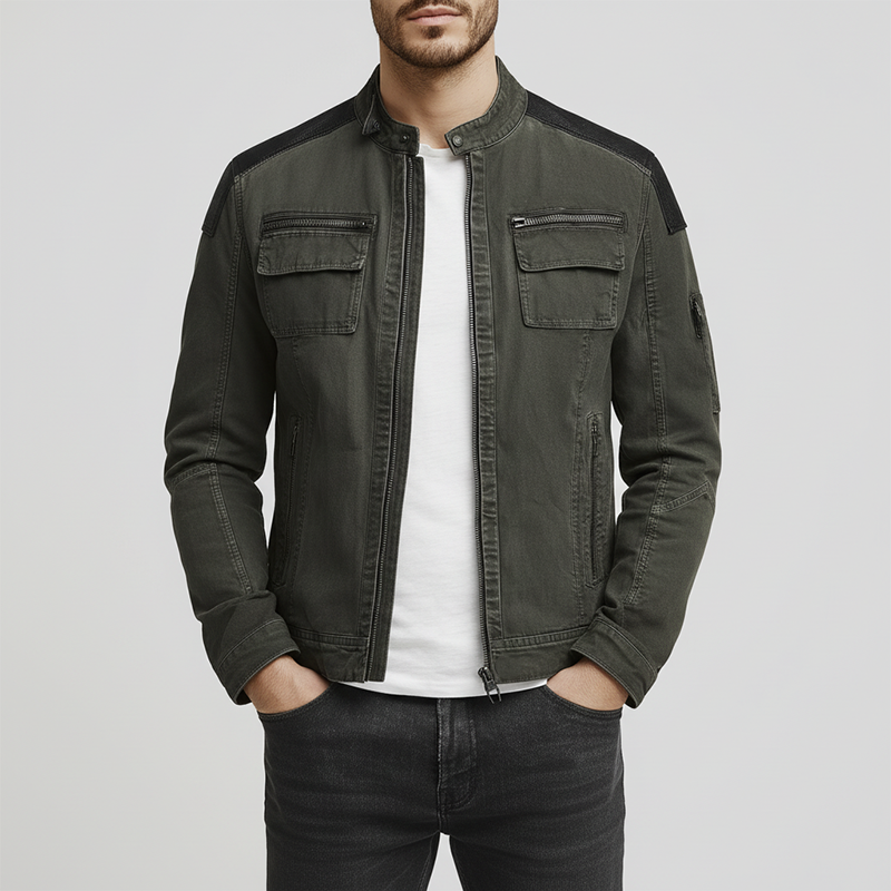 Men's Winter Vintage Washed Denim PU Patch Bomber Jacket MTA2071J5P