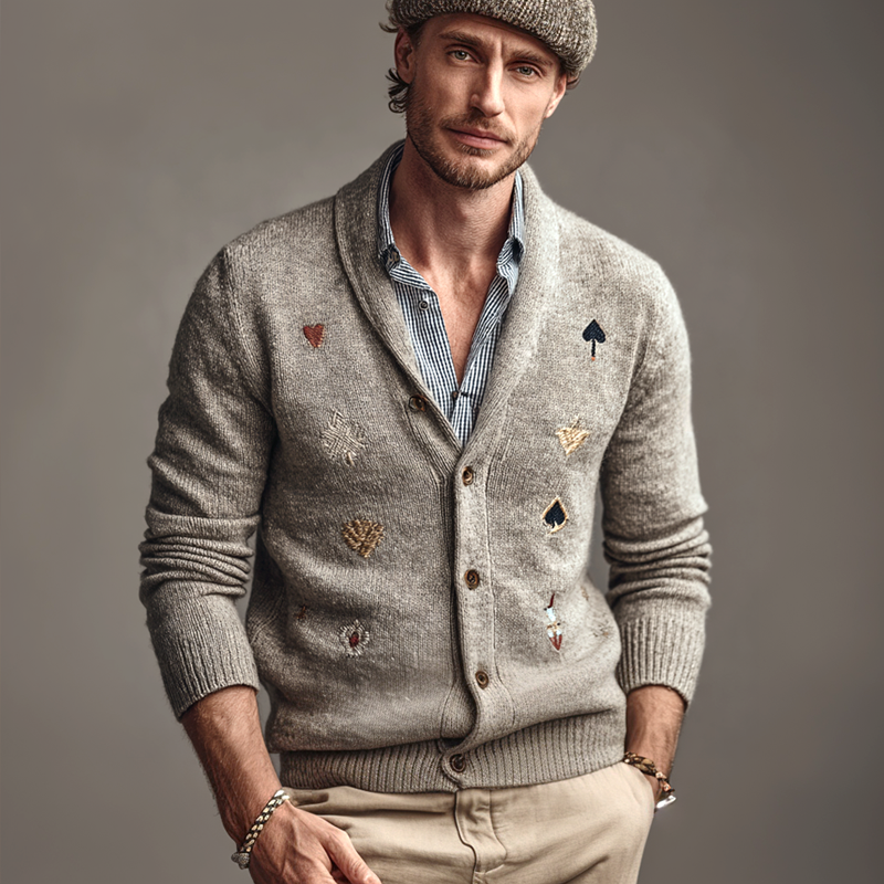 Men's Fashion Embroidery Shawl Collar Single Breasted Knit Cardigan MTA1163I8Z