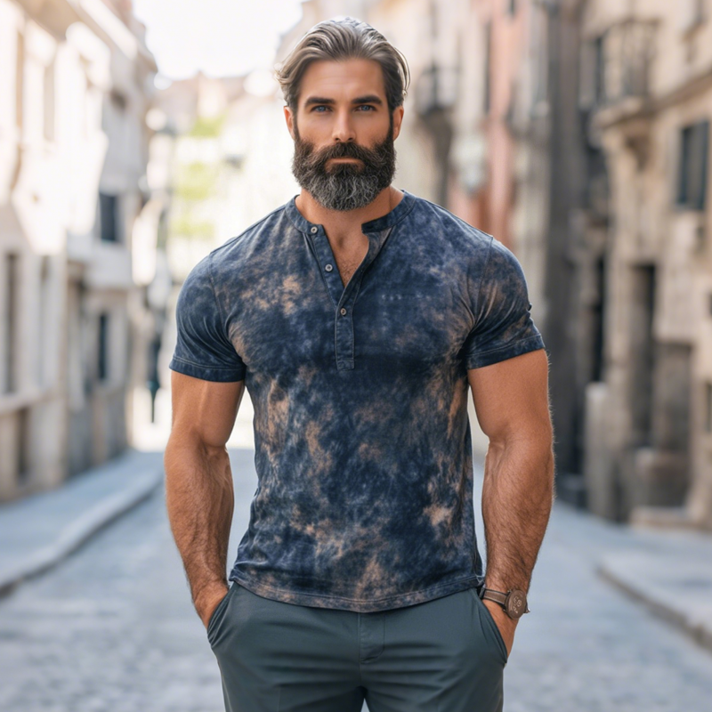 Men's Fashion Tie-Dye Printed Henley Collar Slim Fit Short Sleeve T-Shirt MTA0395G1M