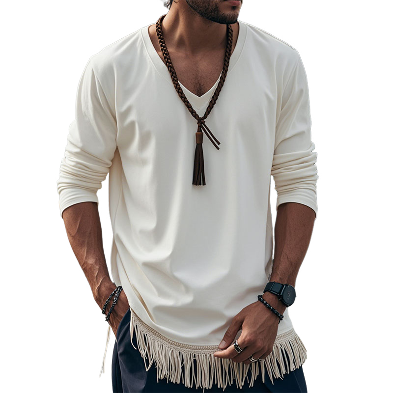 Men's Casual Cotton V-Neck Hem Tassel Loose Long Sleeve T-Shirt 85946568M