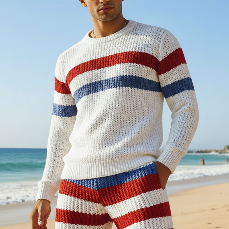 Men's Spring Fashion Horizontal Striped Cotton Yarn Knitted Long-Sleeve Sweater MTZ2268A2P