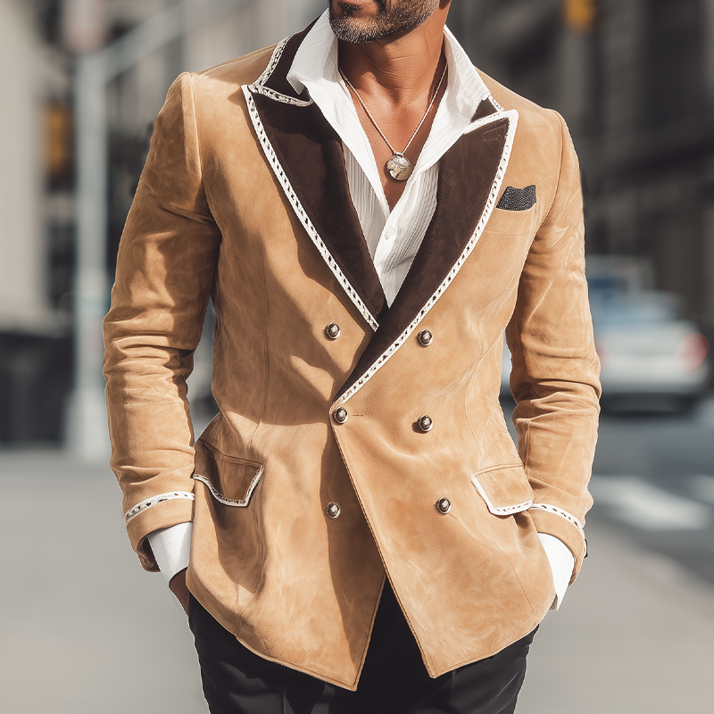 Men's Business Classic Colorblock Collar Double-breasted Sude Blazer MTA2534H7U