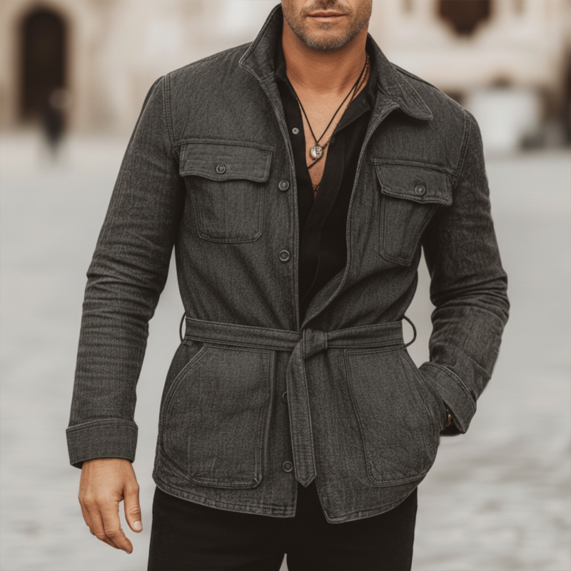 Men's Classic Elegant Dark Grey Blend Belt  Laple Jacket MTA3019L5U