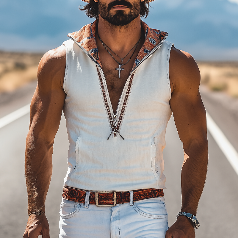 Men's Spring And Summer New Fashion Retro Western Cowboy Style Suede Hooded Printed Ribbon Deep V-Neck Tank Top MTA0956E8K