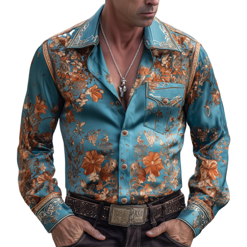 Men's Vintage Floral Print Satin Long Sleeve Shirt MTA2289H4U