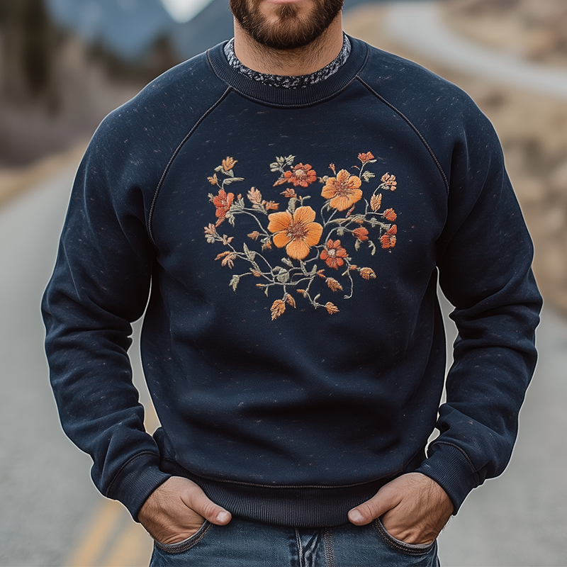 Men's Retro Casual Floral Embroidered Crew Neck Sweatshirt MTA2345G5TO