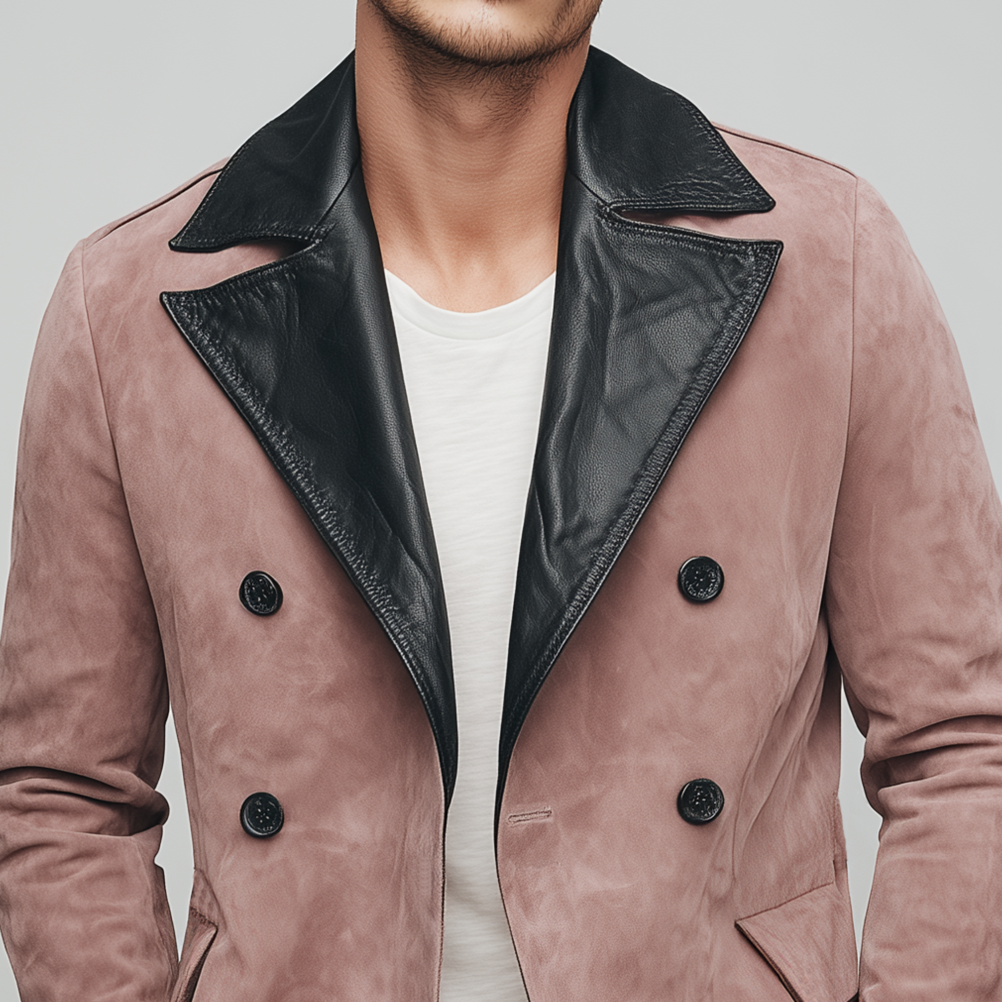 Men's Classic Casual Lapel PU Leather Double-breasted Pink Suede Jacket MTA0266I0K