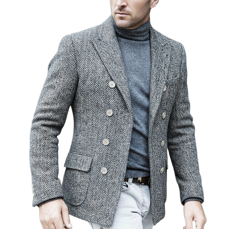 Men's Business Double-breasted Herringbone Faux Wool Blazer MTA1380J9U