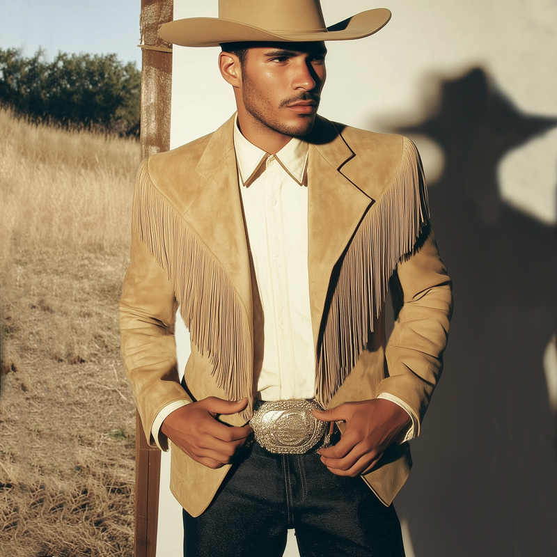 Men's Classic Western Style Fringed Suede Two-Button Blazer MTA2780H2U
