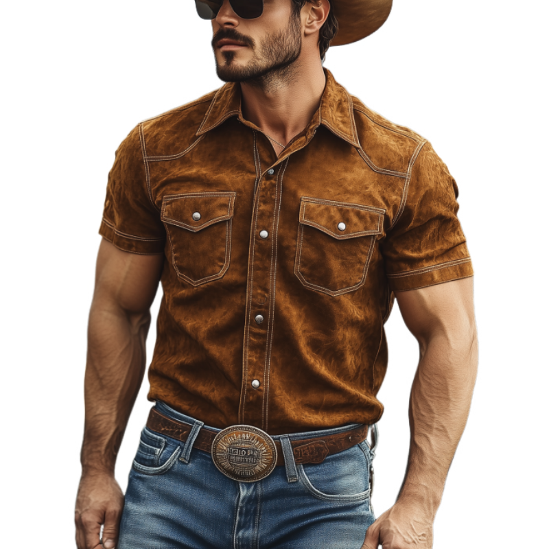 Men's Classic American Retro Western Suede Short Sleeve Shirt 41383783K