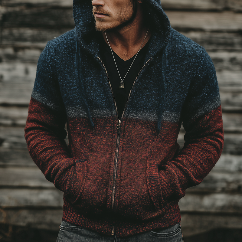 Men's Winter Fashion Contrast Color Cotton Knitted Hooded Cardigan Sweater MTA1097J4P