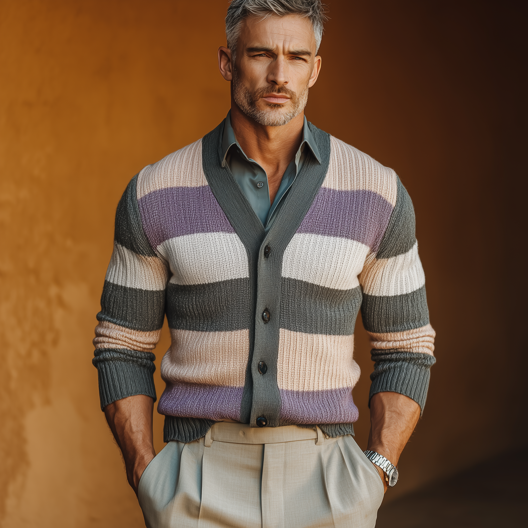 Men's Autumn Fashion Contrast Stripe Knitted Sweater Cardigan MTA1686I5P