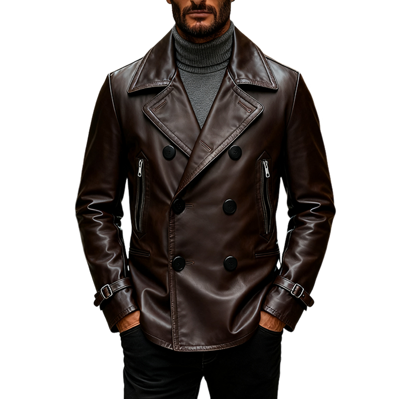 Men's Retro Solid Color Lapel Double-Breasted PU Mid-Length Leather Coat MTA1113K6X