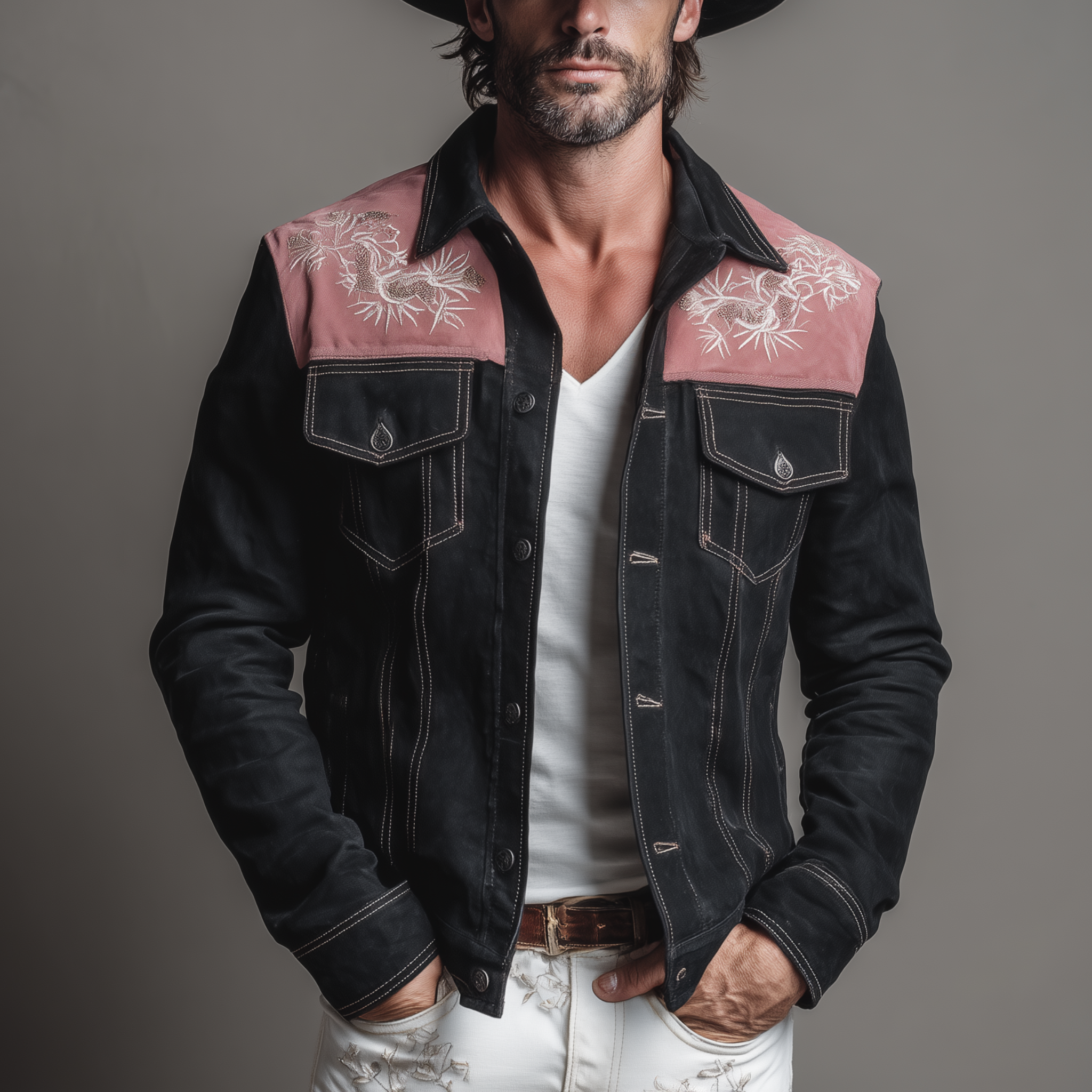 Men's Classic Retro Western Style Pink And Black Suede Patchwork Embroidered Jacket MTA2696H6K