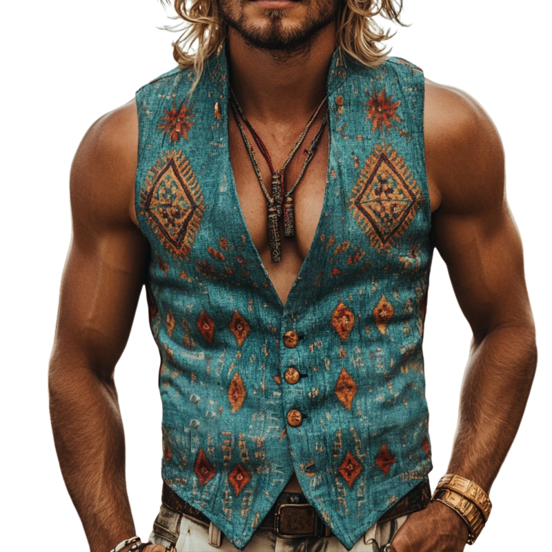 Men's Retro Casual Ethnic Style Geometric Print Linen Stand Collar Vest MTA0687E1TO