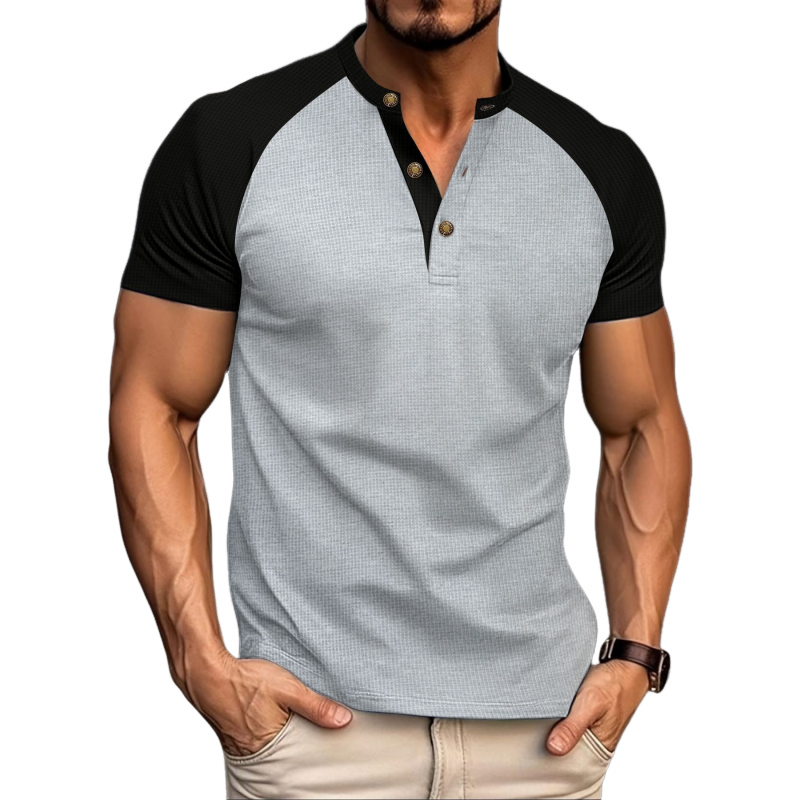 Men's Casual Colorblock Waffle Henley Collar Raglan Short Sleeves T-shirt 67566329Y