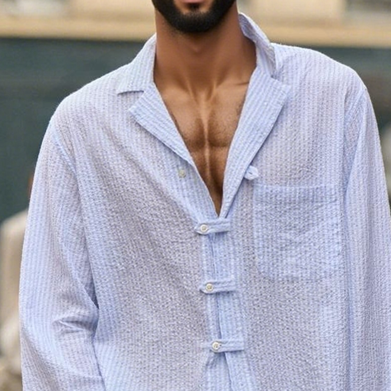 Men's Bubble Textured Striped Lapel Long Sleeve Shirt MTA2217G5Z