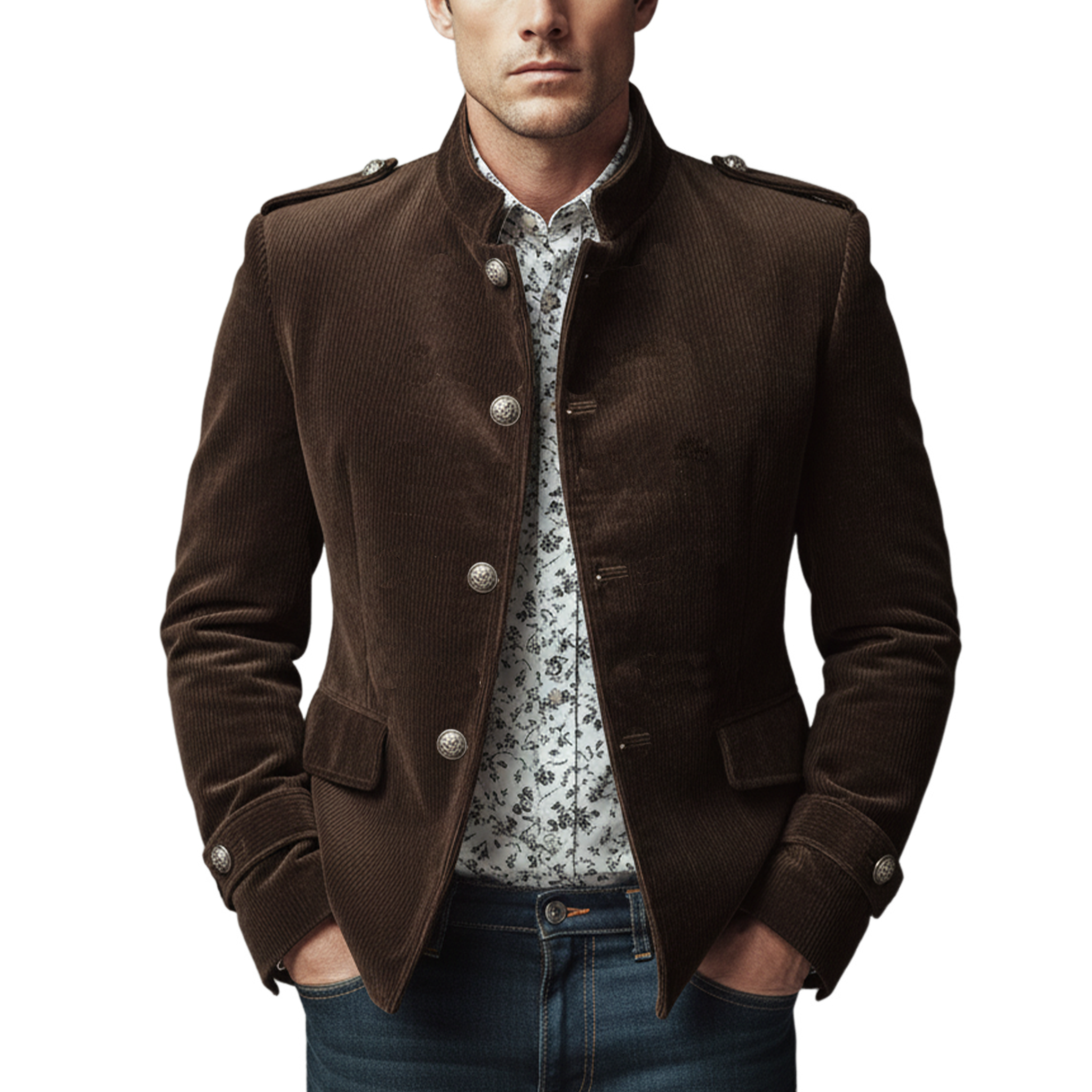 Men's Classic Casual Stand-up Collar Epaulette And Sleeve Tab Corduroy Jacket MTA2281I0K