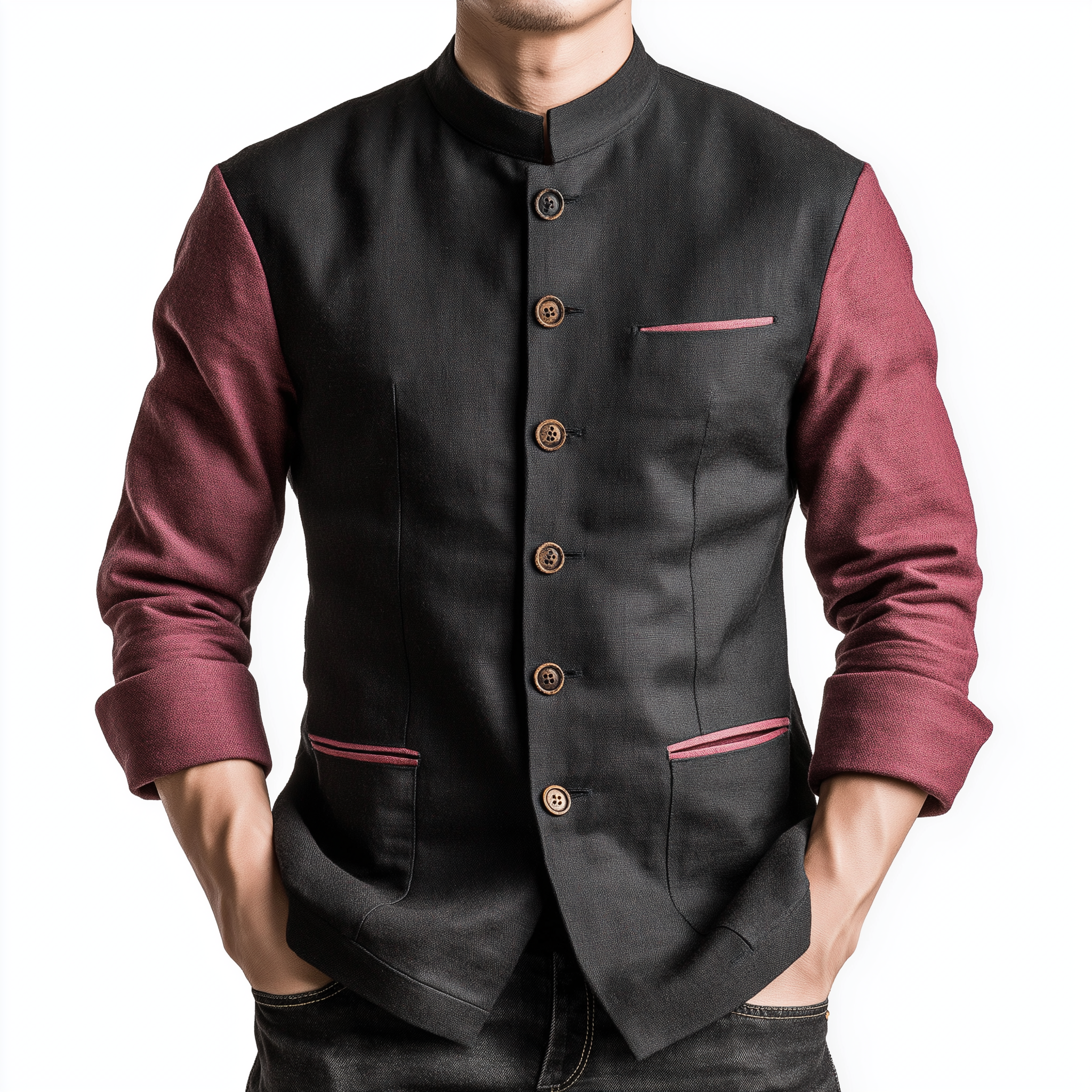 Men's Fashion Color-blocked Cotton-linen Blend Thick Shirt MTA2365I0P