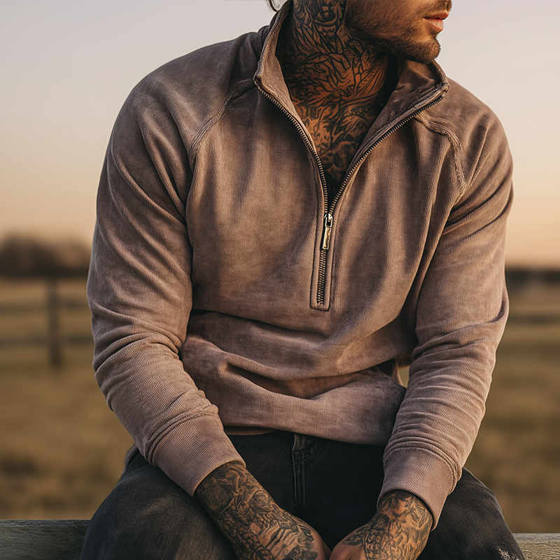 Men's Retro Casual Western Style Corduroy Zip-Neck Sweatshirt MTA2127H0TO