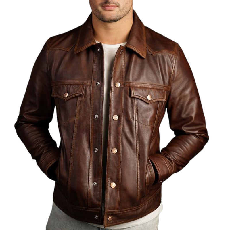 Men's Vintage Slim Fit Reddish Brown Snap Button Leather Jacket 19141162U