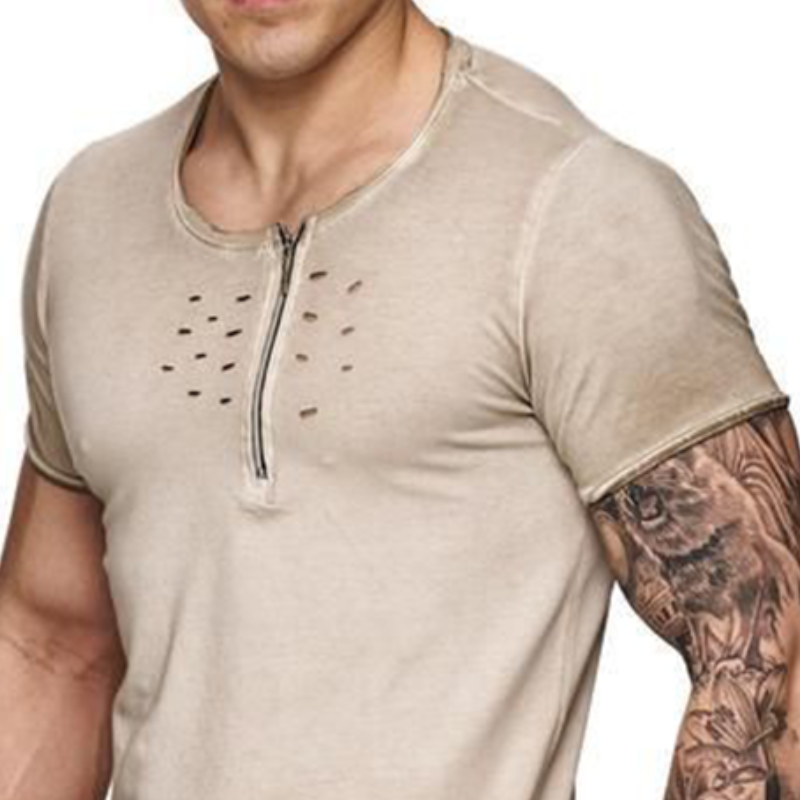 Men's Casual Round Neck Zipper Cotton Slim Short Sleeve T-Shirt 85253281K