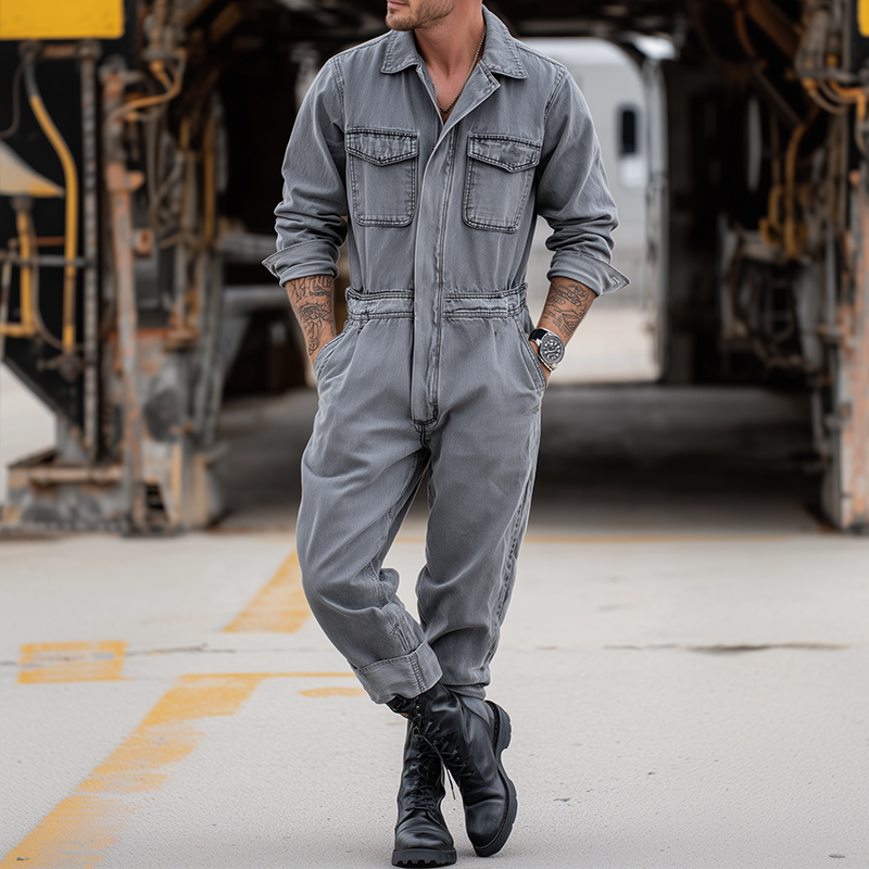 Men's Retro Casual Denim Washed Lapel Long Sleeve Shirt Jumpsuit MTA0436H3TO