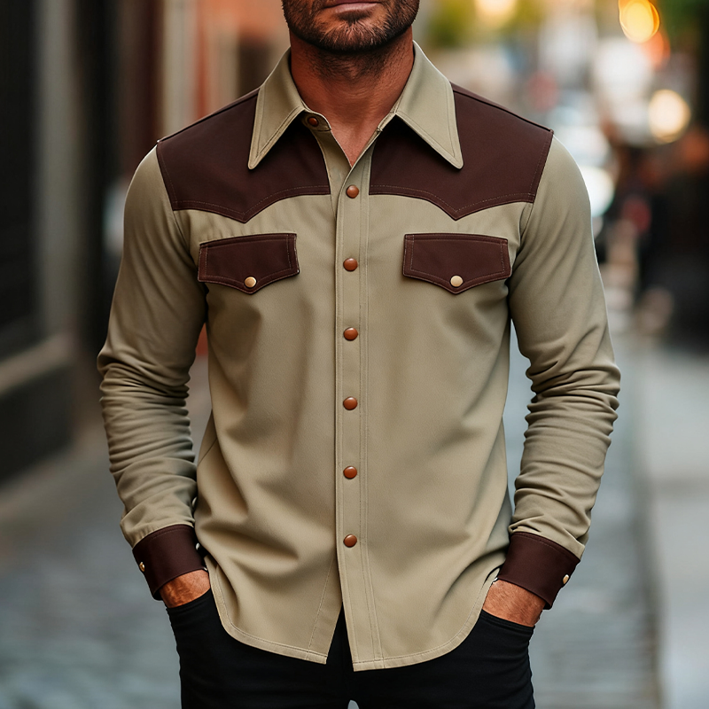 Men's Western Cowboy Style Colorblock Long Sleeve Shirt MTA2004J8X