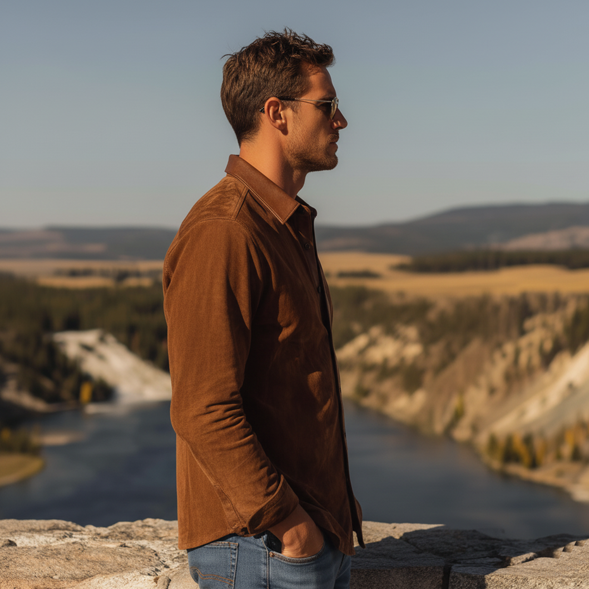 Men's Classic Western Style PU Leather Lapel Slim-fit Faux Suede Long-sleeved Shirt MTA1690L3K