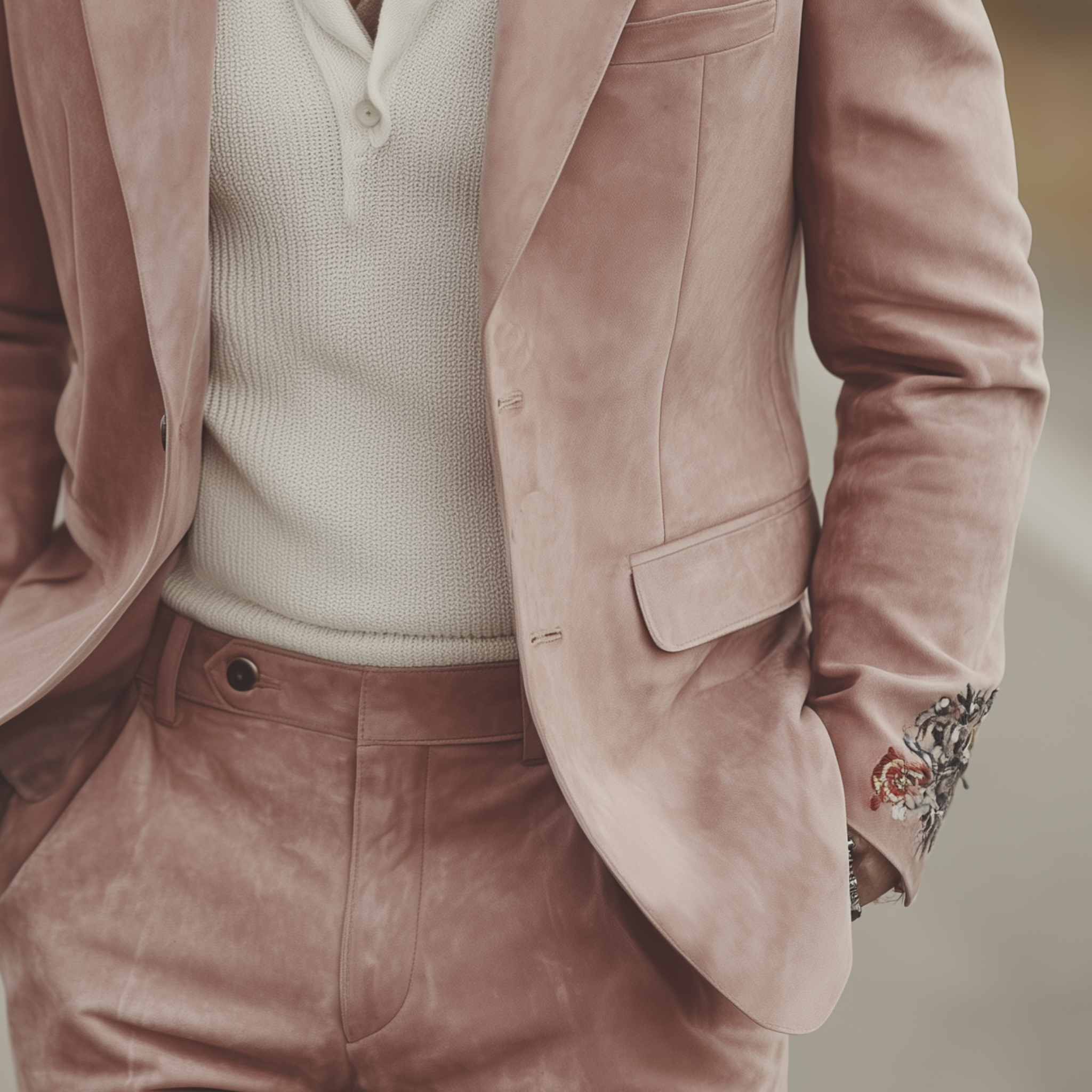 Men's Classic Vintage Embroidered Pink Suede Single-breasted Blazer MTA1547I8K