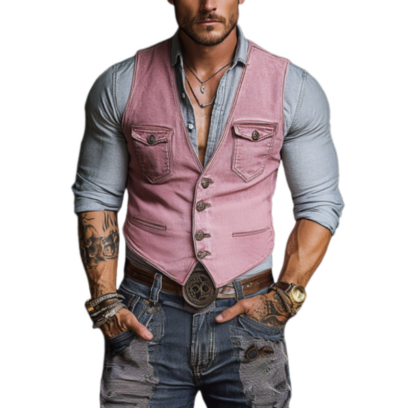 Men's Retro Fashion Casual Slim Fit V-Neck Multi-Pocket Washed Denim Vest 11422956K