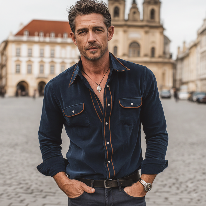 Men's Classic Color-block Striped Velvet Long-sleeved Shirt MTA2941L7U