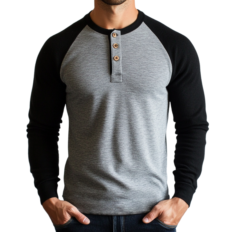 Retro Uformell Colorblock Henley Krage Langermet T-skjorte for menn 90540633TO