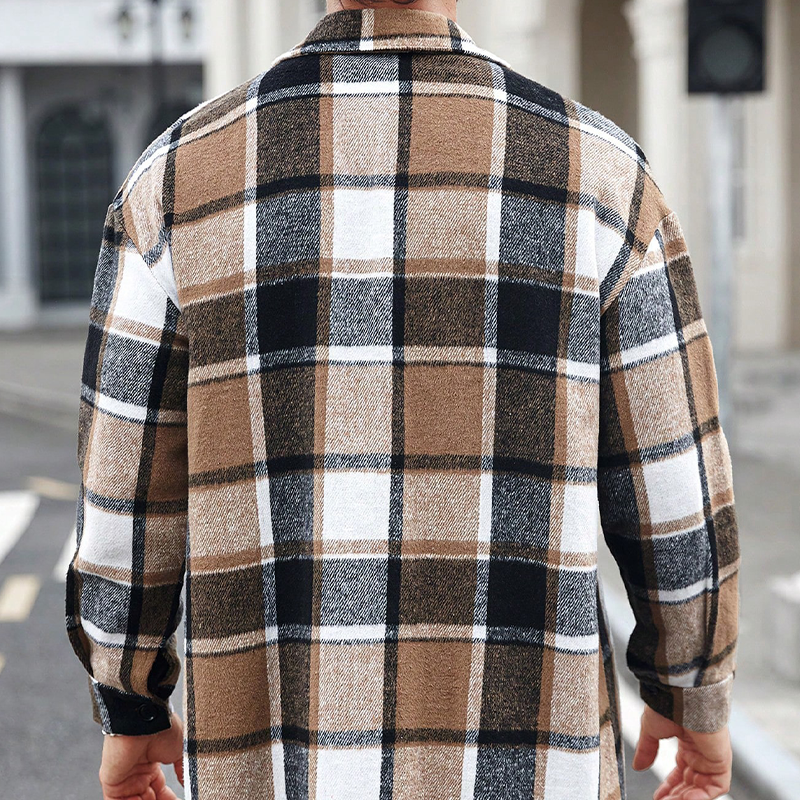 Men's Vintage Flannel Lapel Midi Long Sleeve Shirt MTA0991I8X