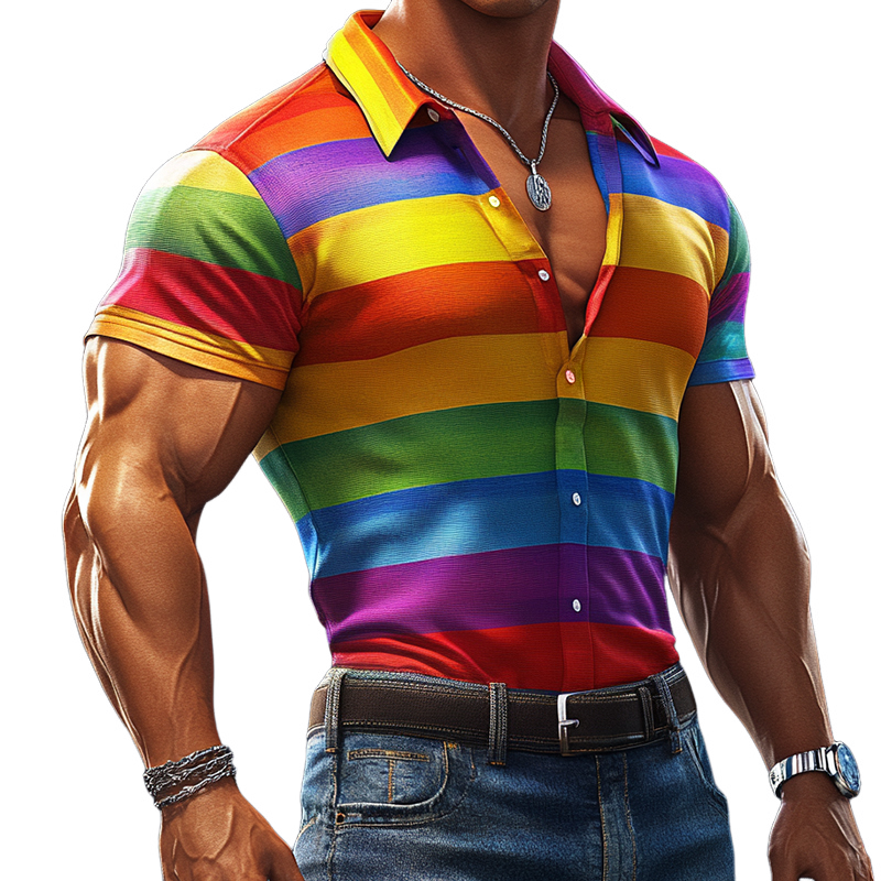 Men'S Retro Casual Rainbow Stripe Print Elastic Lapel Short Sleeve Shirt MTA0986E7TO