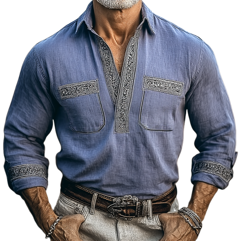 Men's  Ethnic Print Lapel Chest Pocket Long Sleeve Shirt MTA0785H8Z